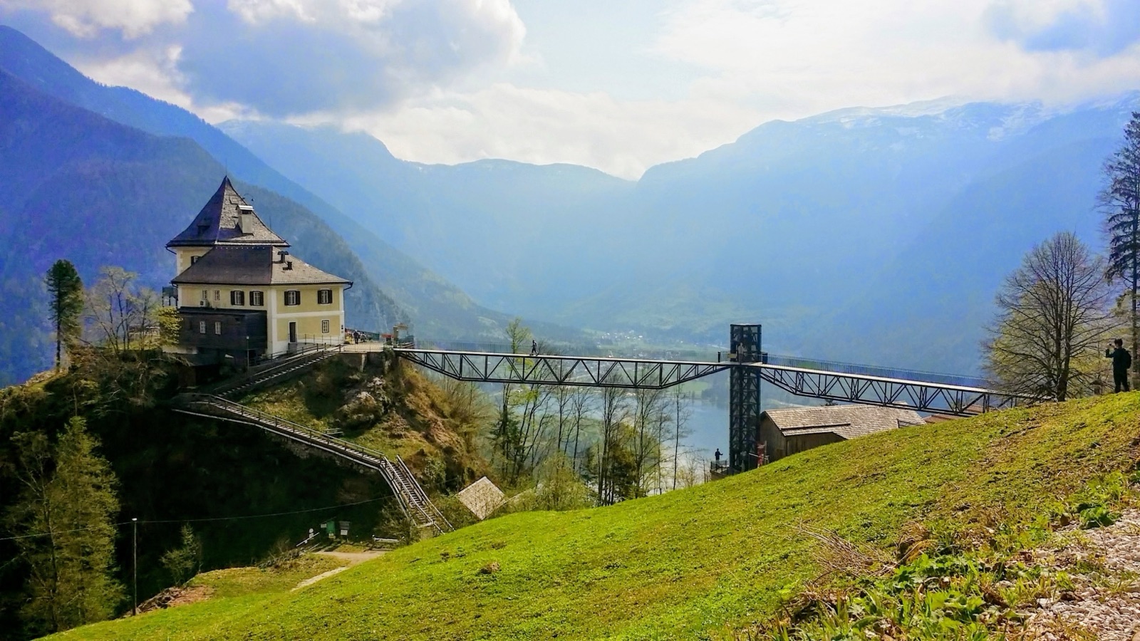 A tower and viewing platform on the mountainside above Hallstatt's lake